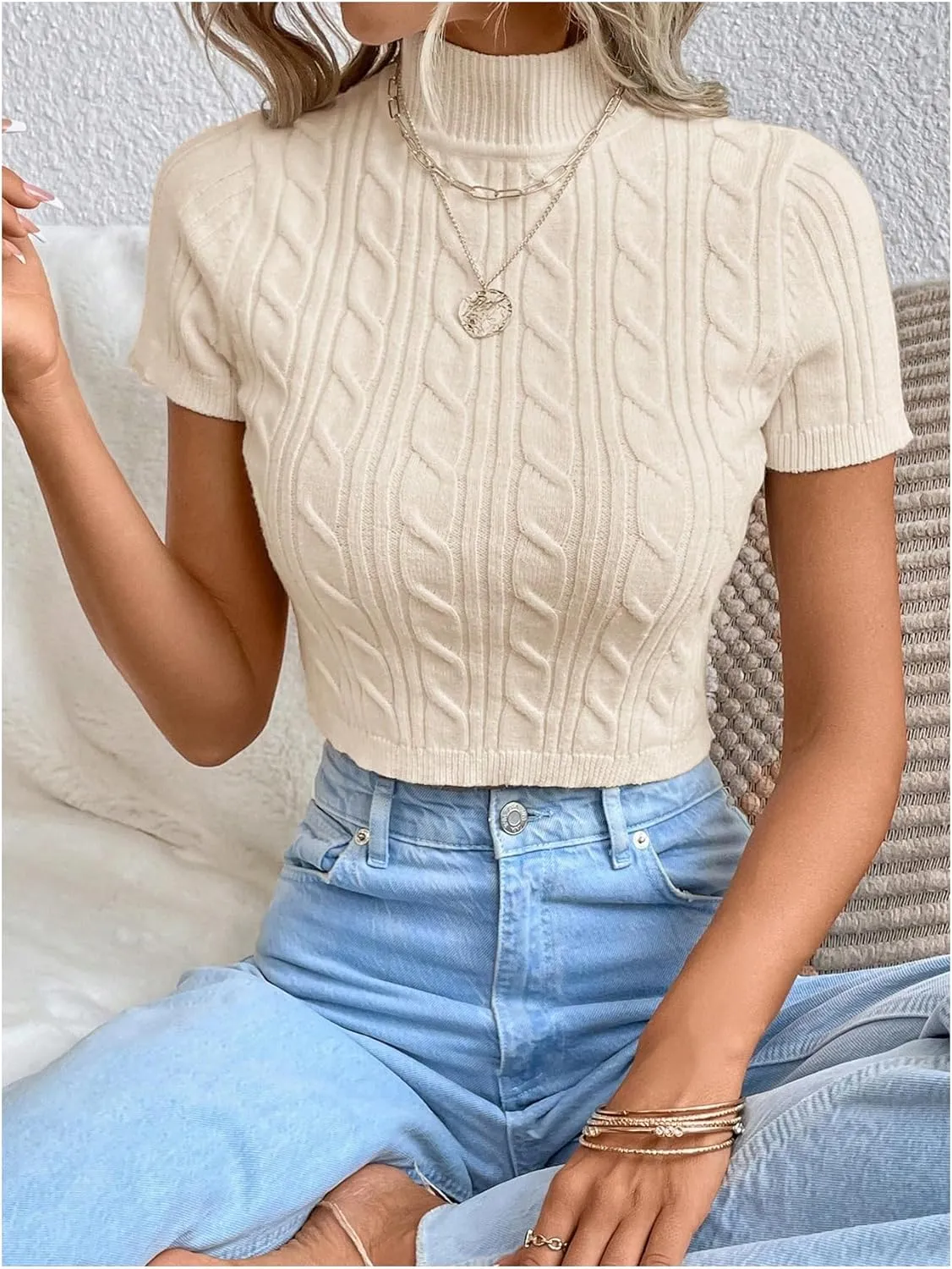 MakeMeChic Women's Cable Knit Mock Neck Short Sleeve Slim Fitted Crop Tops Sweater Pullover