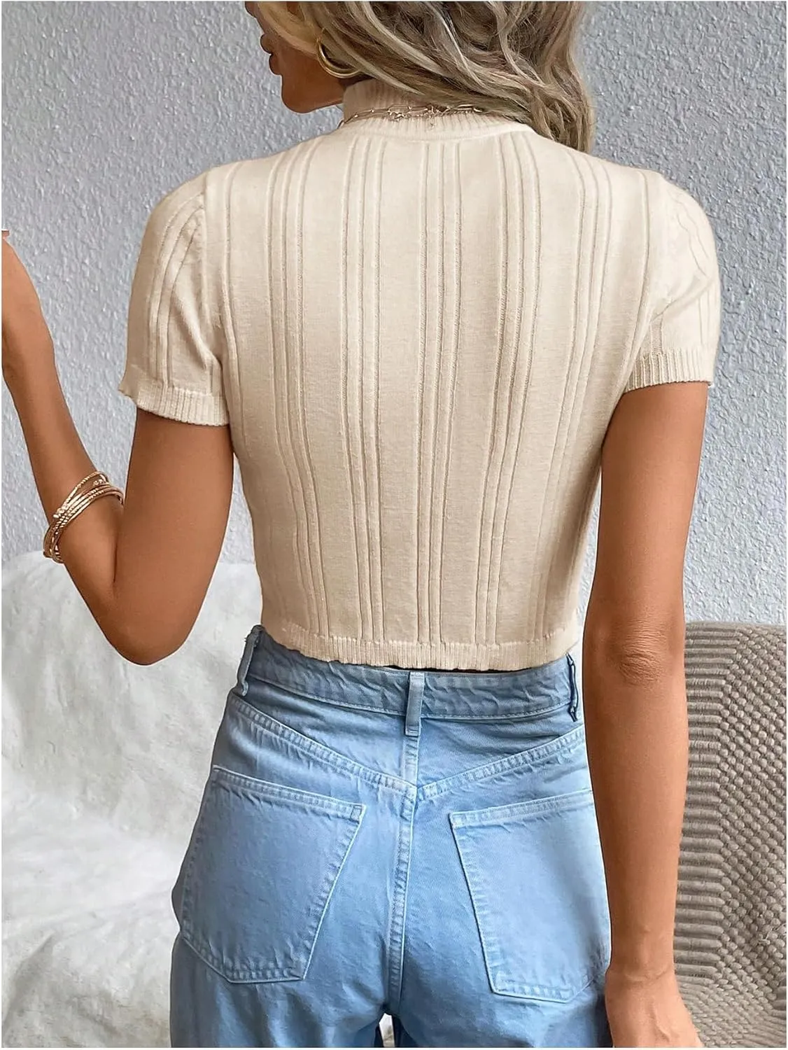 MakeMeChic Women's Cable Knit Mock Neck Short Sleeve Slim Fitted Crop Tops Sweater Pullover
