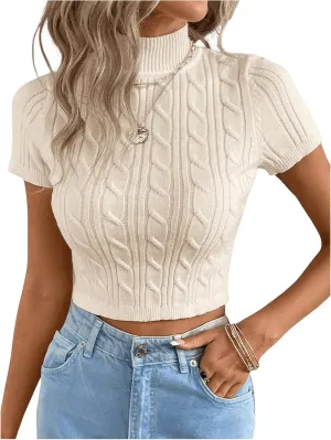 MakeMeChic Women's Cable Knit Mock Neck Short Sleeve Slim Fitted Crop Tops Sweater Pullover