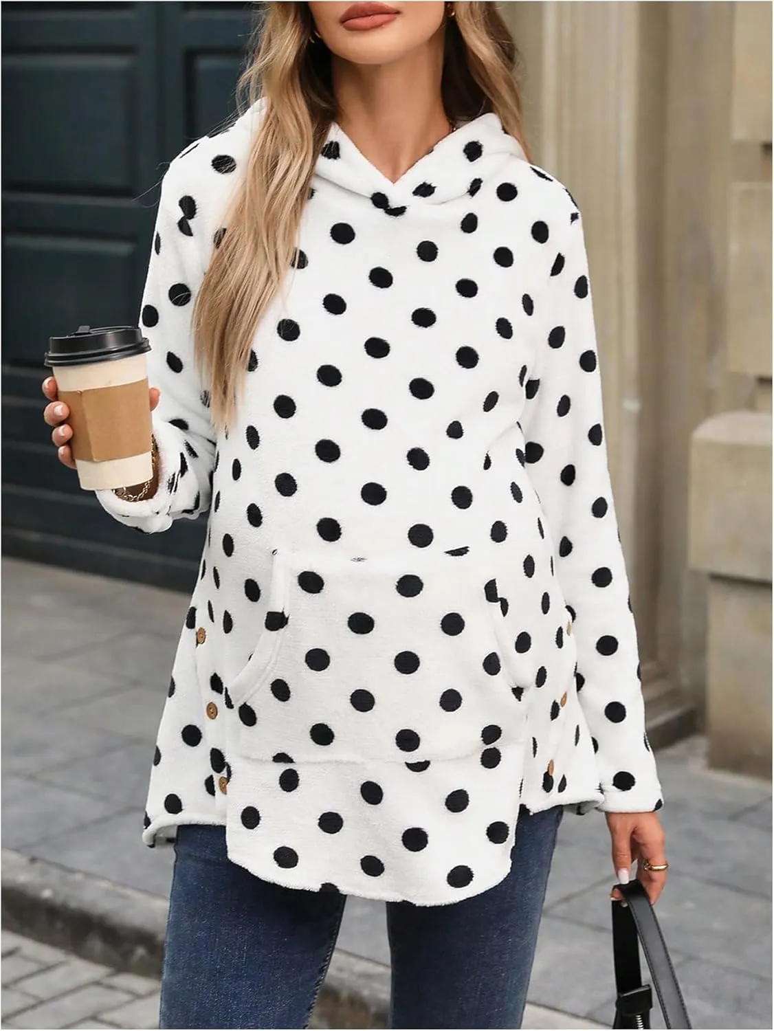 MakeMeChic Women's Maternity Sweatshirt Fleece Polka Dots Long Sleeve Hoodie Pregnancy Tops