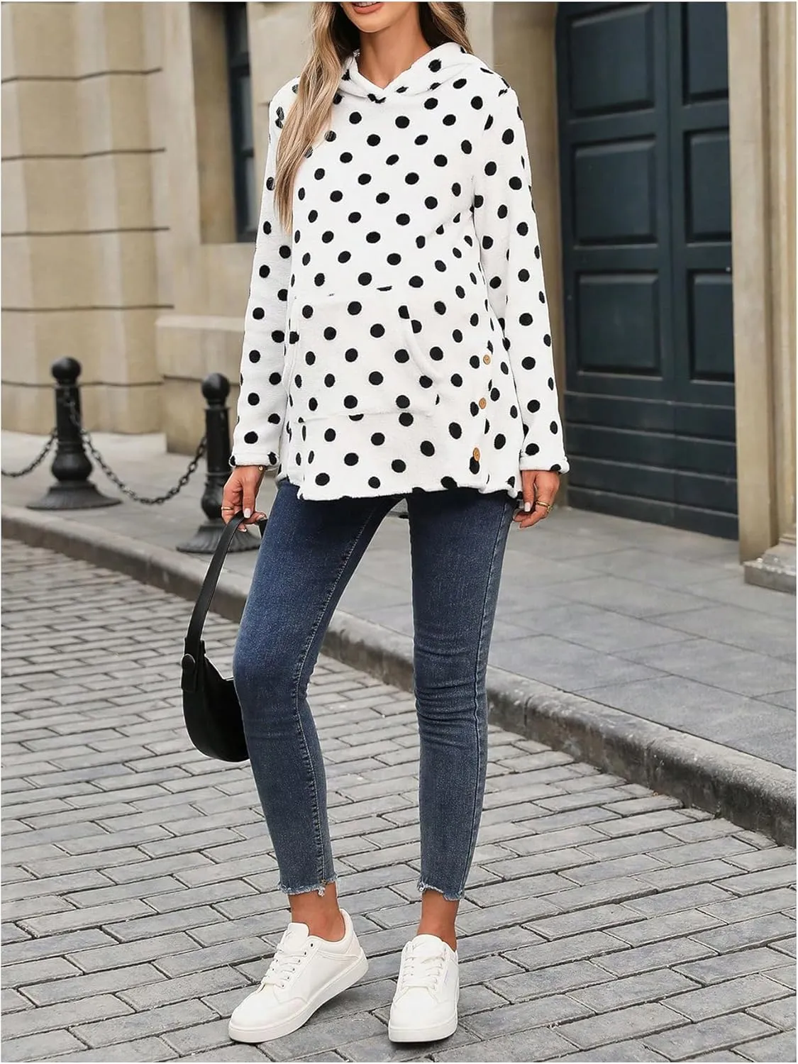 MakeMeChic Women's Maternity Sweatshirt Fleece Polka Dots Long Sleeve Hoodie Pregnancy Tops