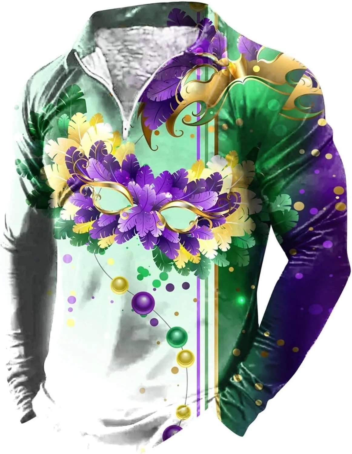 Mardi Gras Outfit for Men Carnival Long Sleeve 1/4 Zip Lapel Polo Shirt Multi Color Retro Print Slim Fit Pullover