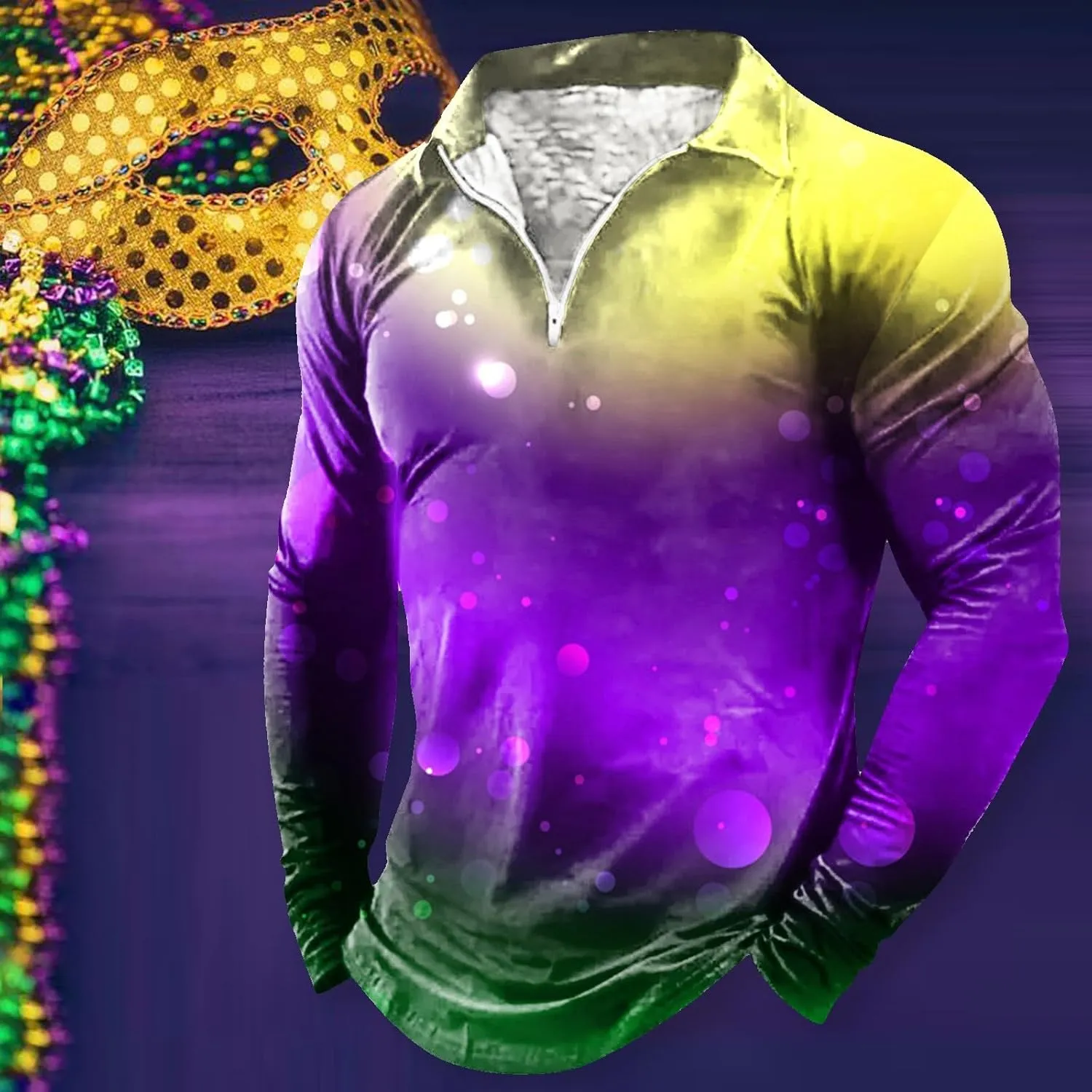 Mardi Gras Outfit for Men Carnival Long Sleeve 1/4 Zip Lapel Polo Shirt Multi Color Retro Print Slim Fit Pullover