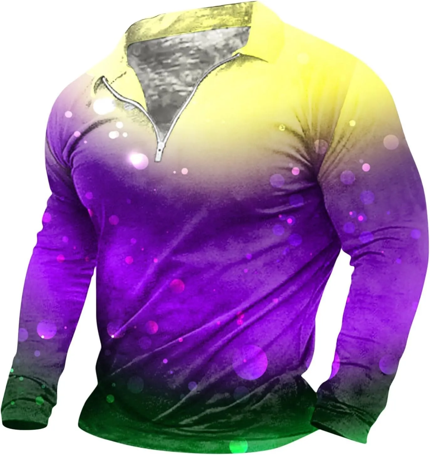 Mardi Gras Outfit for Men Carnival Long Sleeve 1/4 Zip Lapel Polo Shirt Multi Color Retro Print Slim Fit Pullover