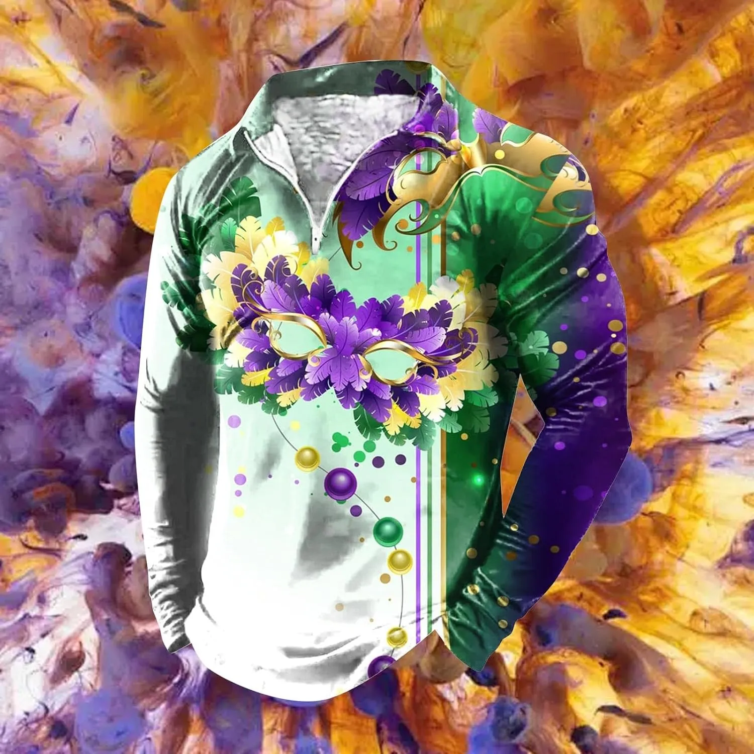 Mardi Gras Outfit for Men Carnival Long Sleeve 1/4 Zip Lapel Polo Shirt Multi Color Retro Print Slim Fit Pullover