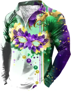 Mardi Gras Outfit for Men Carnival Long Sleeve 1/4 Zip Lapel Polo Shirt Multi Color Retro Print Slim Fit Pullover