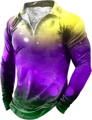Mardi Gras Outfit for Men Carnival Long Sleeve 1/4 Zip Lapel Polo Shirt Multi Color Retro Print Slim Fit Pullover