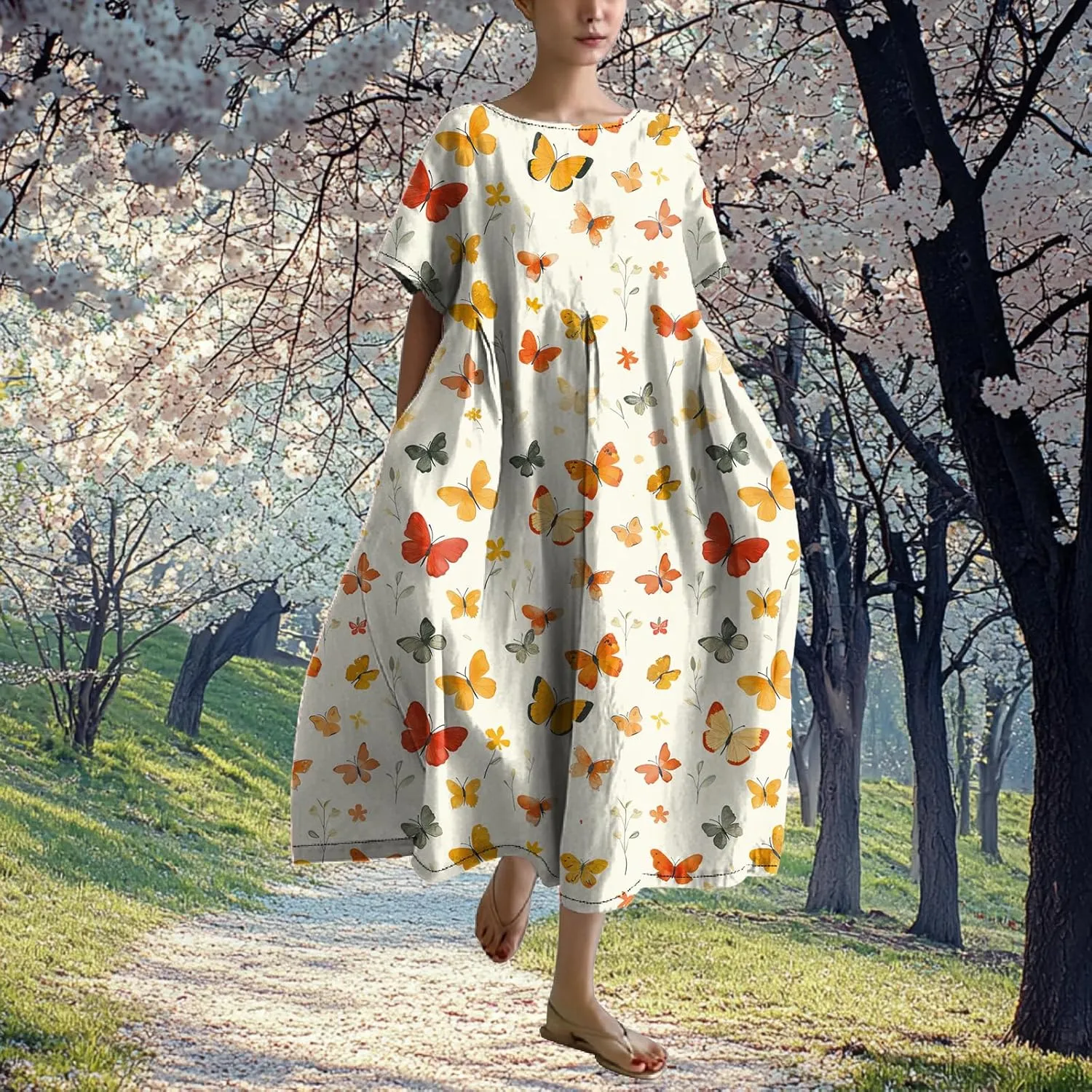 MARSVOVO Maxi Dresse for Women Short Sleeve Cute Funny Animal Theme Print Unique A-line Flowy Swing Casual Outdoor Dress