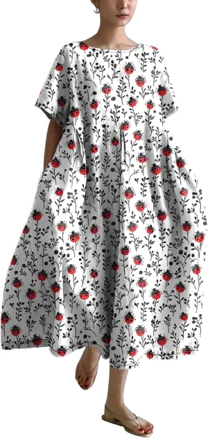 MARSVOVO Maxi Dresse for Women Short Sleeve Cute Funny Animal Theme Print Unique A-line Flowy Swing Casual Outdoor Dress