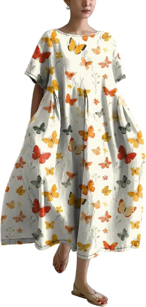 MARSVOVO Maxi Dresse for Women Short Sleeve Cute Funny Animal Theme Print Unique A-line Flowy Swing Casual Outdoor Dress