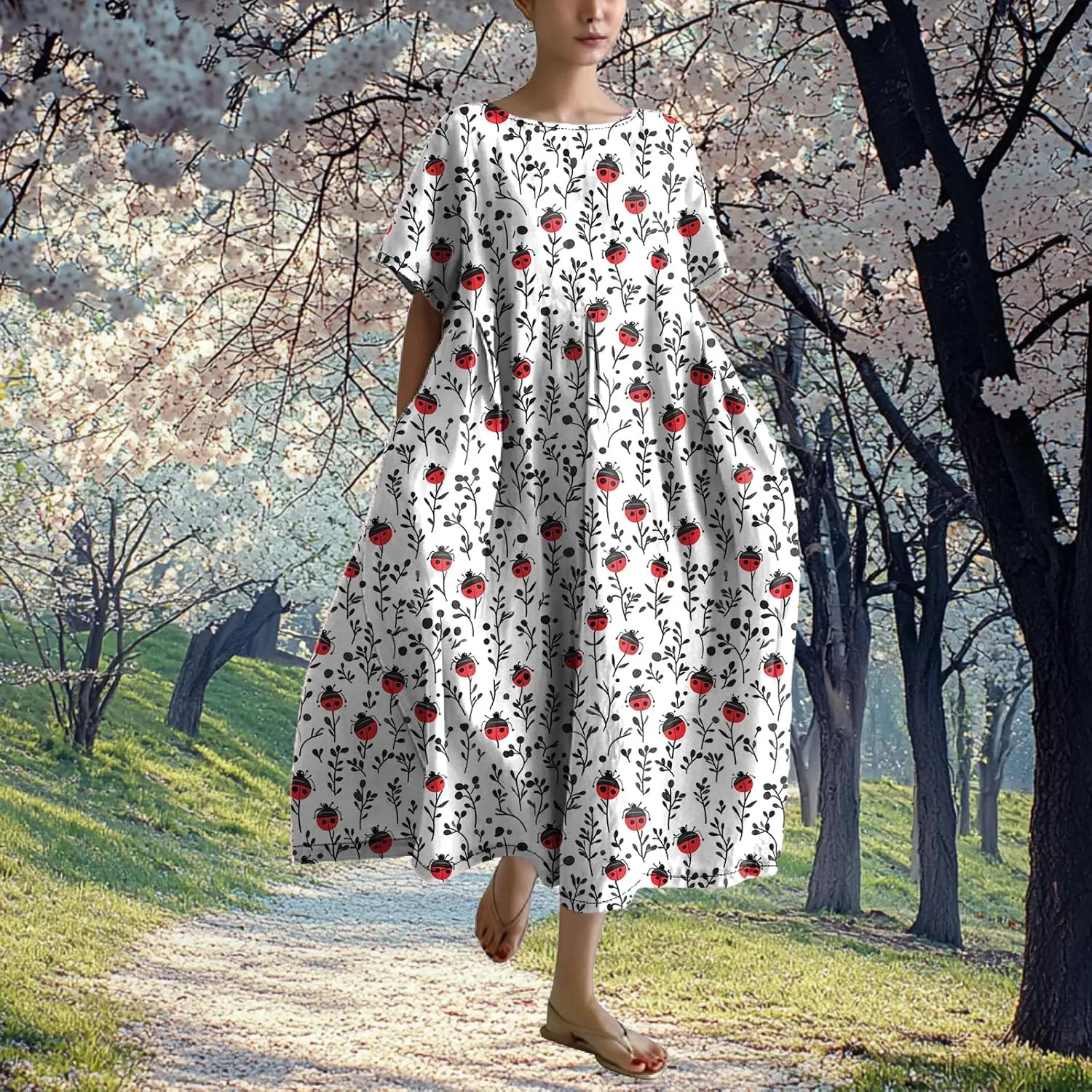 MARSVOVO Maxi Dresse for Women Short Sleeve Cute Funny Animal Theme Print Unique A-line Flowy Swing Casual Outdoor Dress