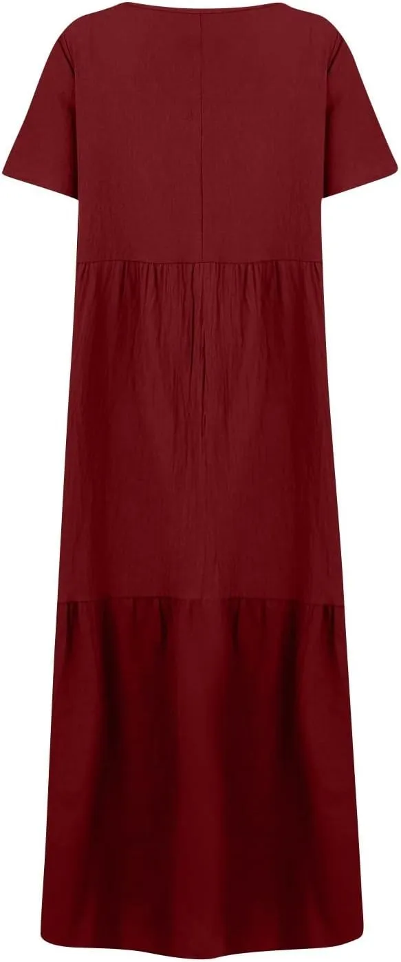 Maxi Dresses for Women 2025 Plus Size Short Sleeve V Neck Summer Boho Linen Dress Lightweight Flowy Vacation Beach Dress