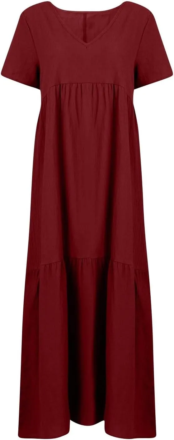 Maxi Dresses for Women 2025 Plus Size Short Sleeve V Neck Summer Boho Linen Dress Lightweight Flowy Vacation Beach Dress