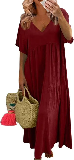Maxi Dresses for Women 2025 Plus Size Short Sleeve V Neck Summer Boho Linen Dress Lightweight Flowy Vacation Beach Dress