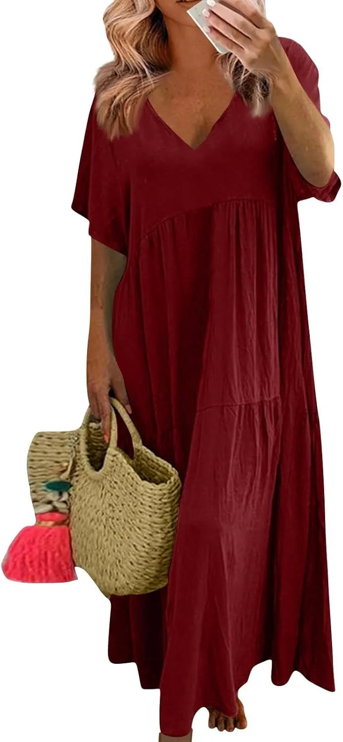 Maxi Dresses for Women 2025 Plus Size Short Sleeve V Neck Summer Boho Linen Dress Lightweight Flowy Vacation Beach Dress