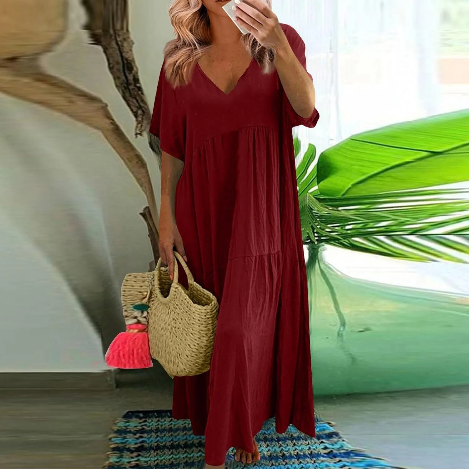 Maxi Dresses for Women 2025 Plus Size Short Sleeve V Neck Summer Boho Linen Dress Lightweight Flowy Vacation Beach Dress
