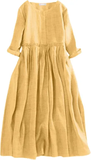 Maxi Dresses For Women 2025 Vacation Cotton Linen 2025 Maxi Button Plus Size A Line Dress Trendy 3/4 Sleeve Dress