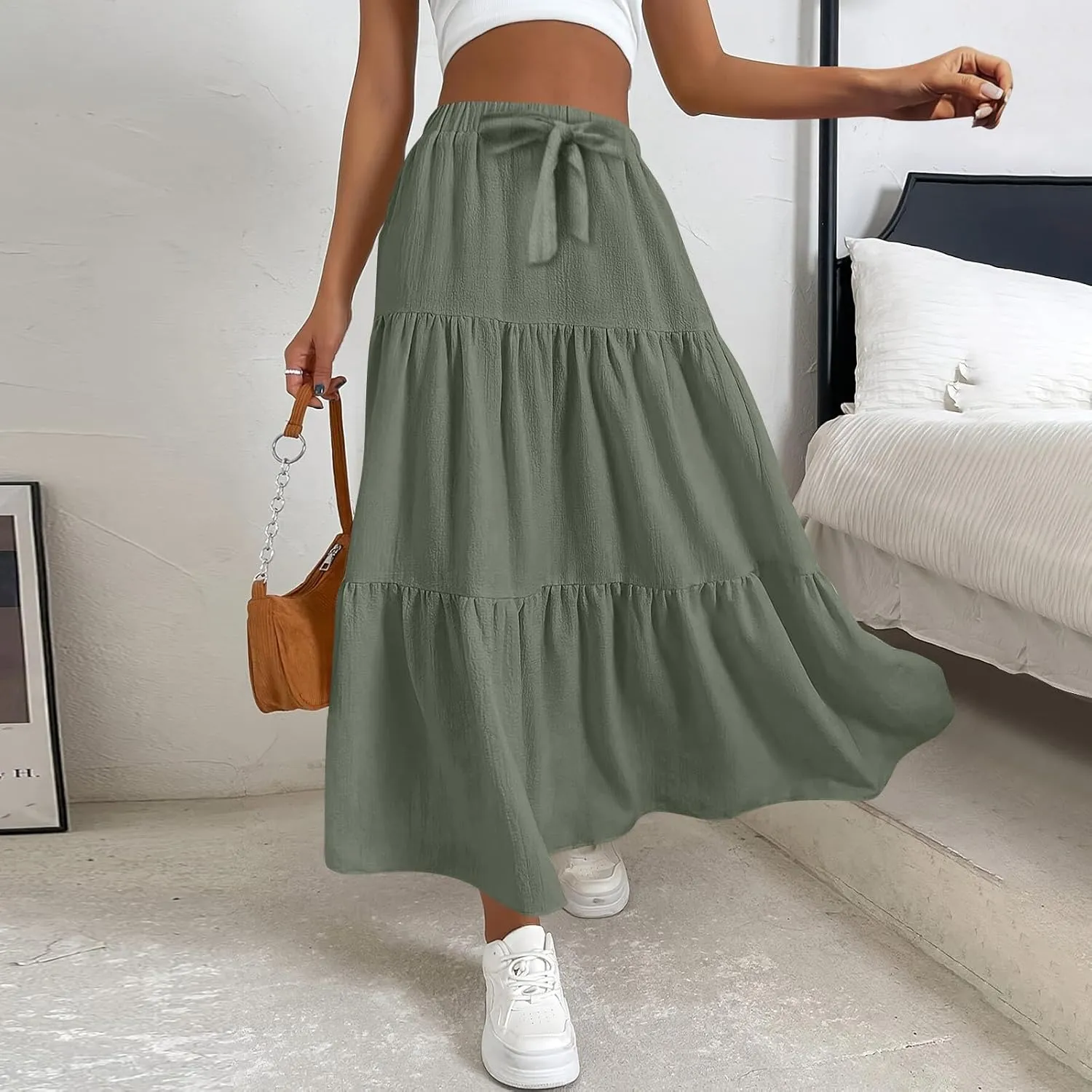 Maxi Skirt for Women 2025 Summer Boho Elastic High Waist Pleated A-Line Flowy Ruffle Swing Tiered Long Beach Skirt Dress