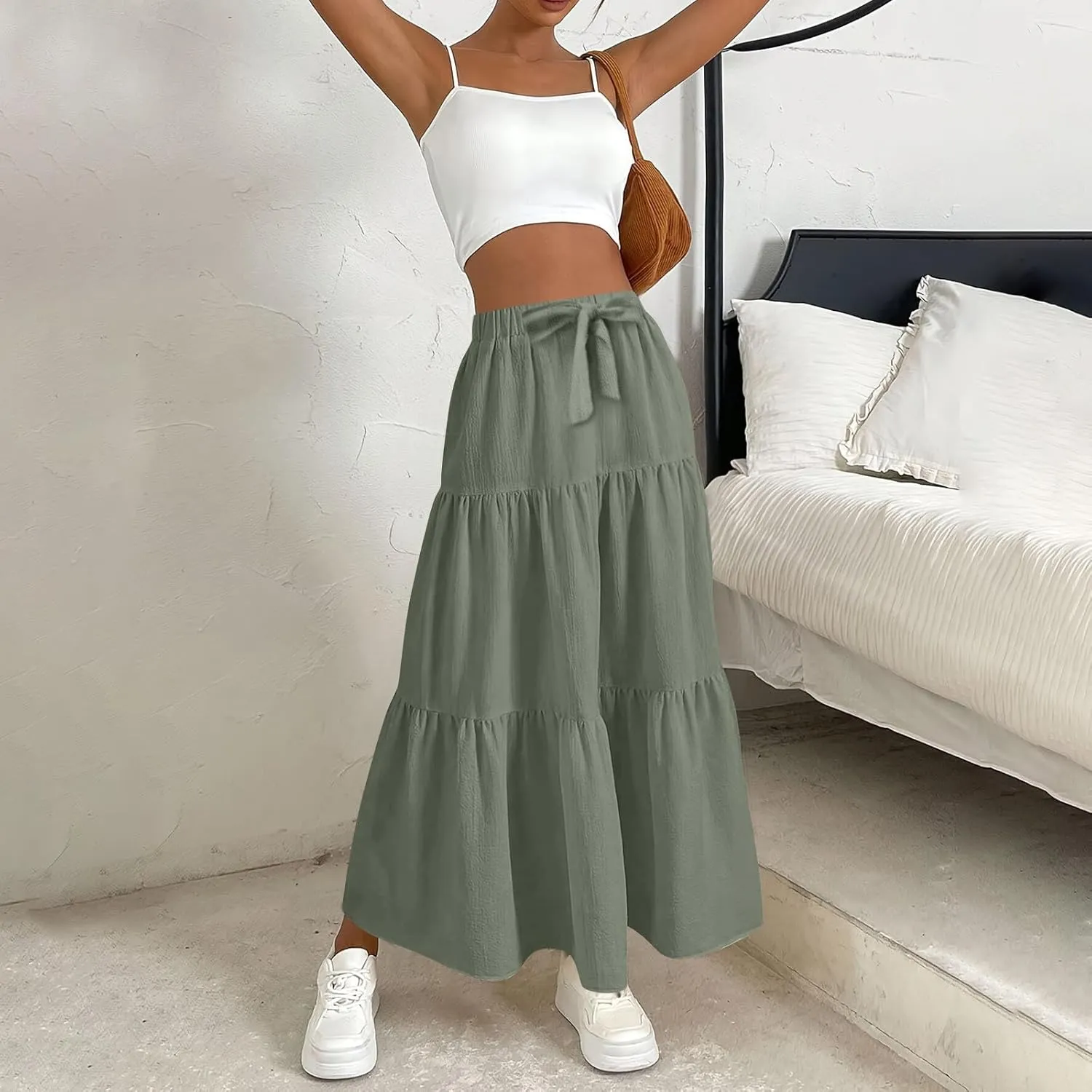 Maxi Skirt for Women 2025 Summer Boho Elastic High Waist Pleated A-Line Flowy Ruffle Swing Tiered Long Beach Skirt Dress