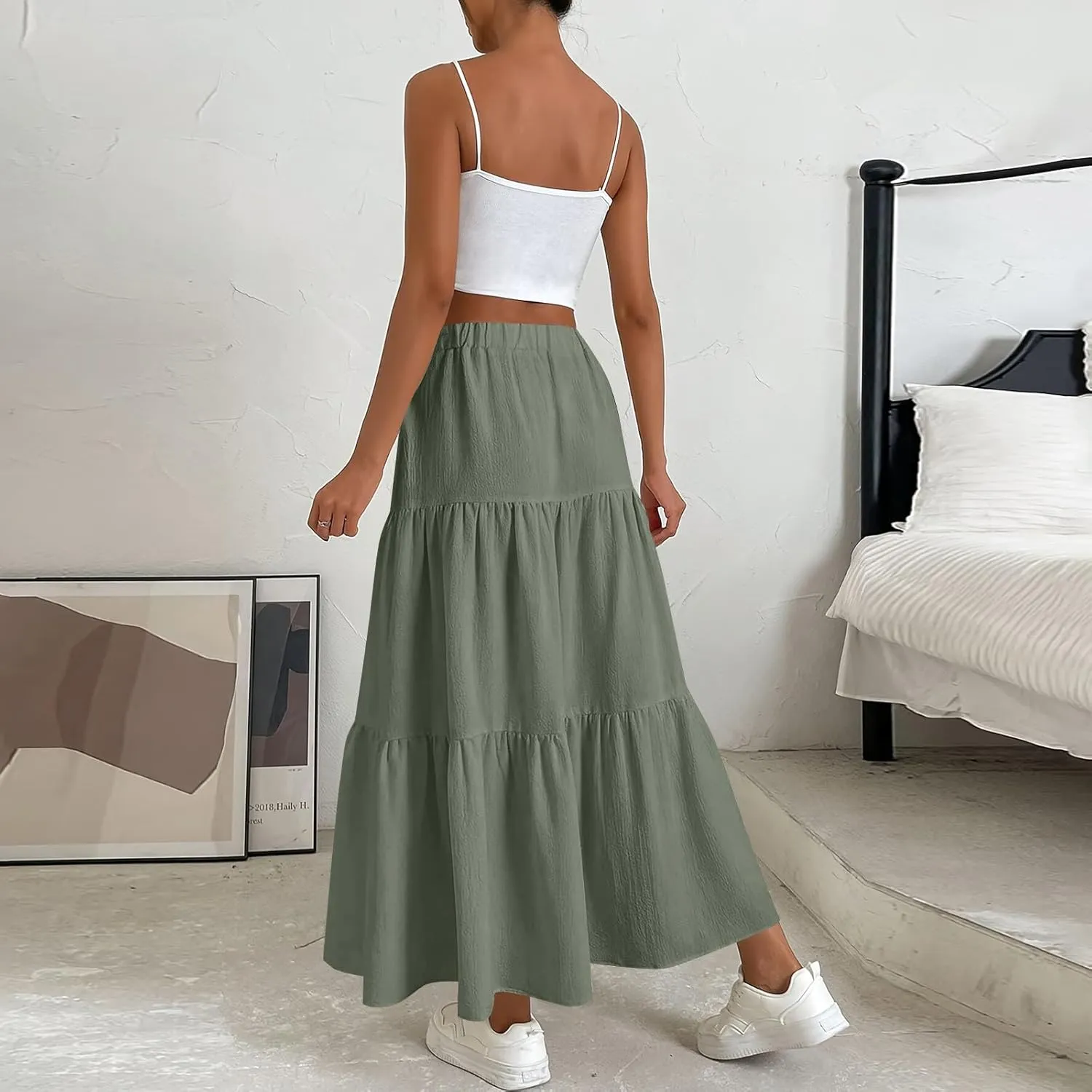 Maxi Skirt for Women 2025 Summer Boho Elastic High Waist Pleated A-Line Flowy Ruffle Swing Tiered Long Beach Skirt Dress