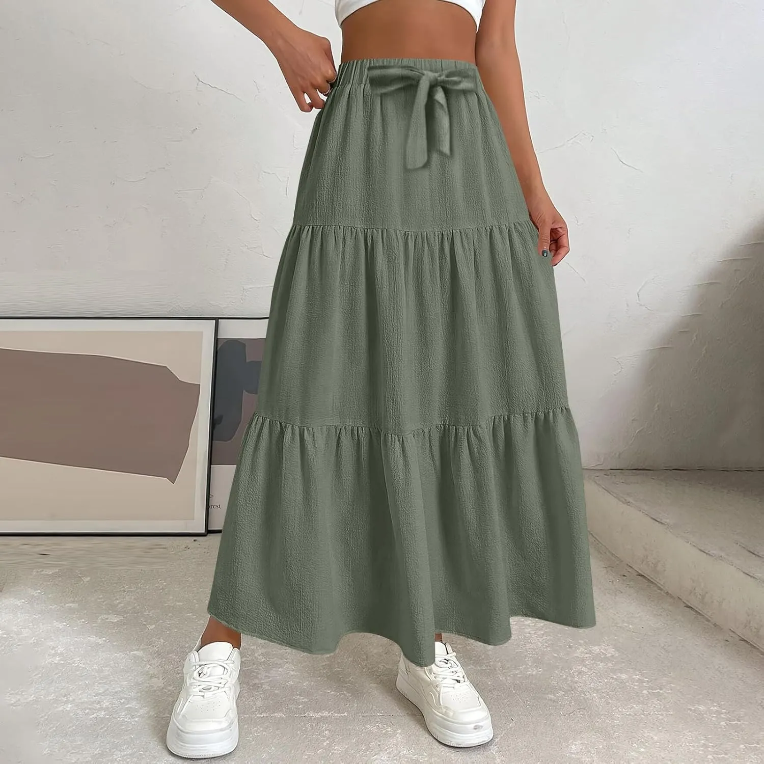 Maxi Skirt for Women 2025 Summer Boho Elastic High Waist Pleated A-Line Flowy Ruffle Swing Tiered Long Beach Skirt Dress