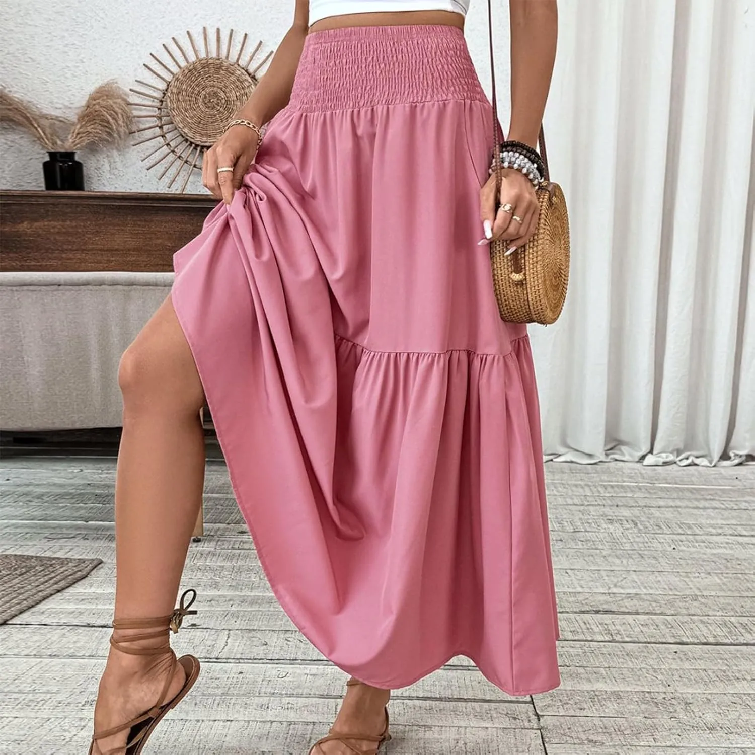 Maxi Skirts for Women with Pockets 2025 Summer Long High Elastic Waist Boho Flowy Ruffle A-Line Midi Length Floral Skirt