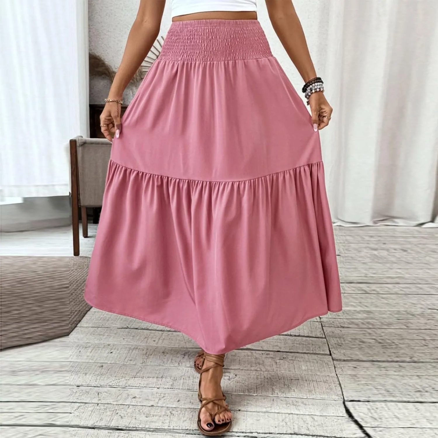 Maxi Skirts for Women with Pockets 2025 Summer Long High Elastic Waist Boho Flowy Ruffle A-Line Midi Length Floral Skirt