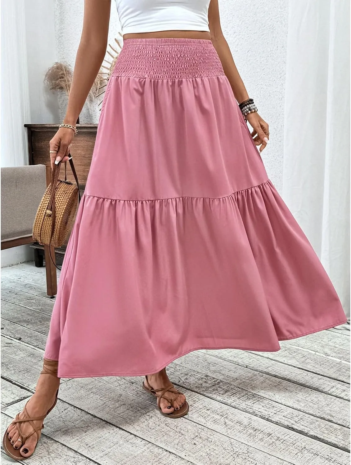 Maxi Skirts for Women with Pockets 2025 Summer Long High Elastic Waist Boho Flowy Ruffle A-Line Midi Length Floral Skirt
