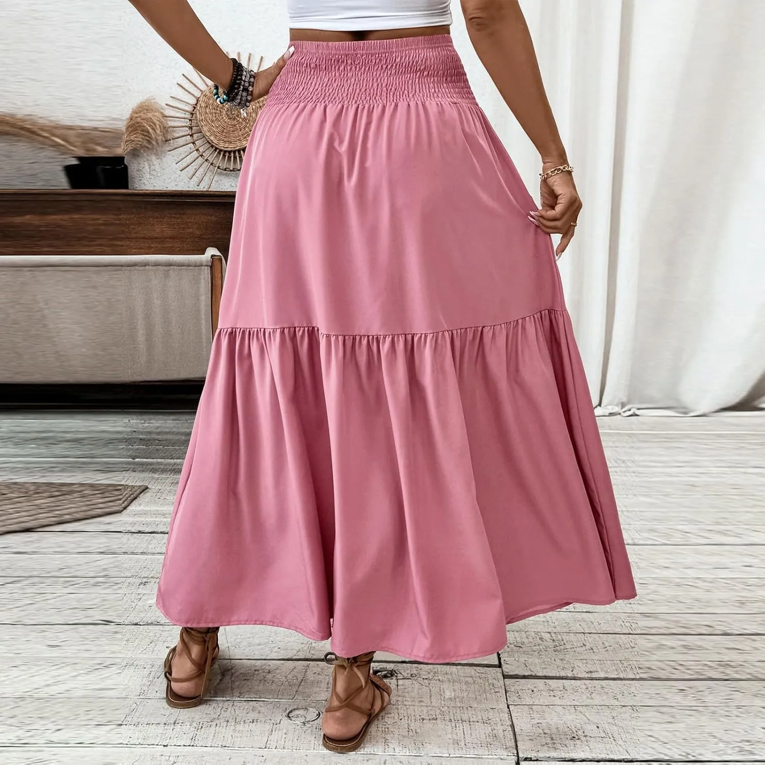 Maxi Skirts for Women with Pockets 2025 Summer Long High Elastic Waist Boho Flowy Ruffle A-Line Midi Length Floral Skirt