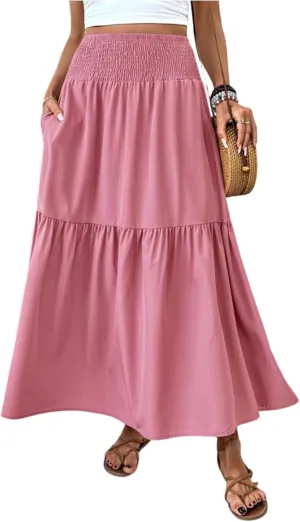 Maxi Skirts for Women with Pockets 2025 Summer Long High Elastic Waist Boho Flowy Ruffle A-Line Midi Length Floral Skirt