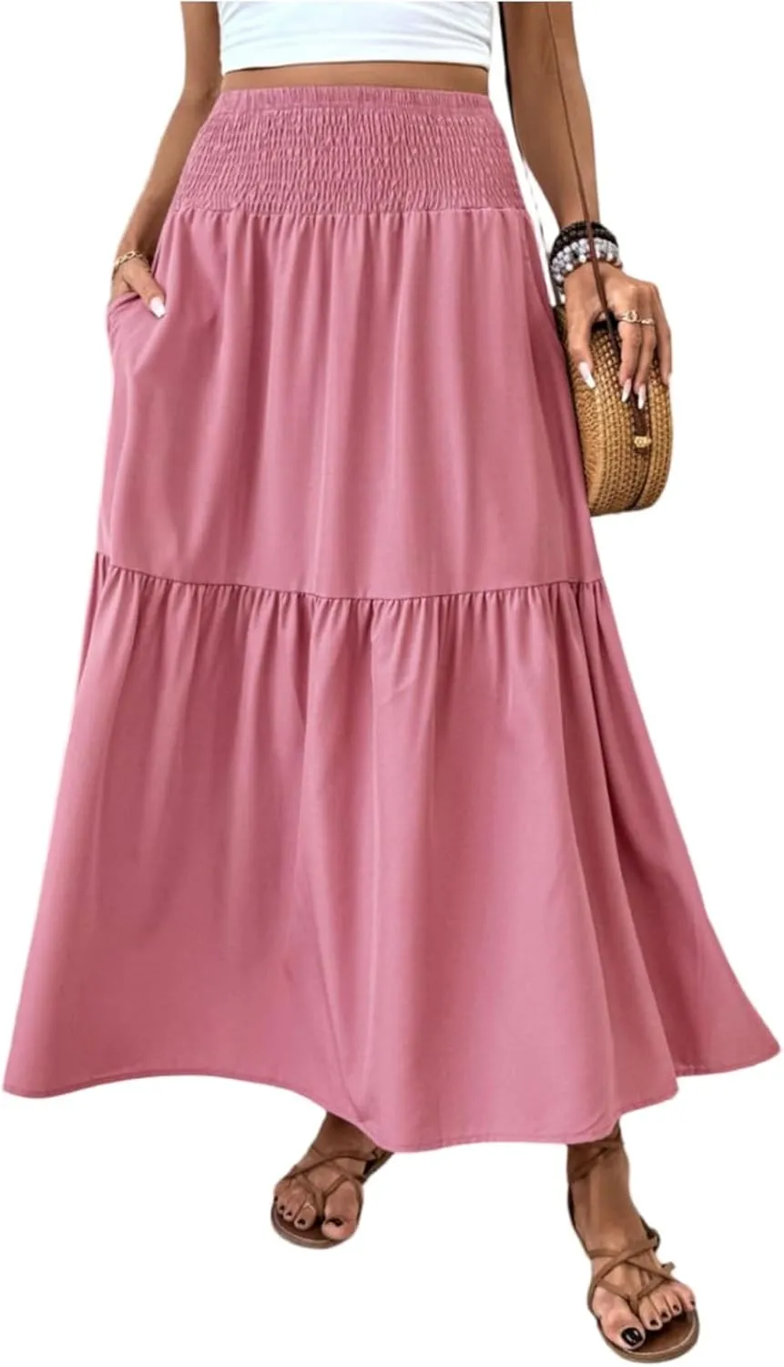 Maxi Skirts for Women with Pockets 2025 Summer Long High Elastic Waist Boho Flowy Ruffle A-Line Midi Length Floral Skirt