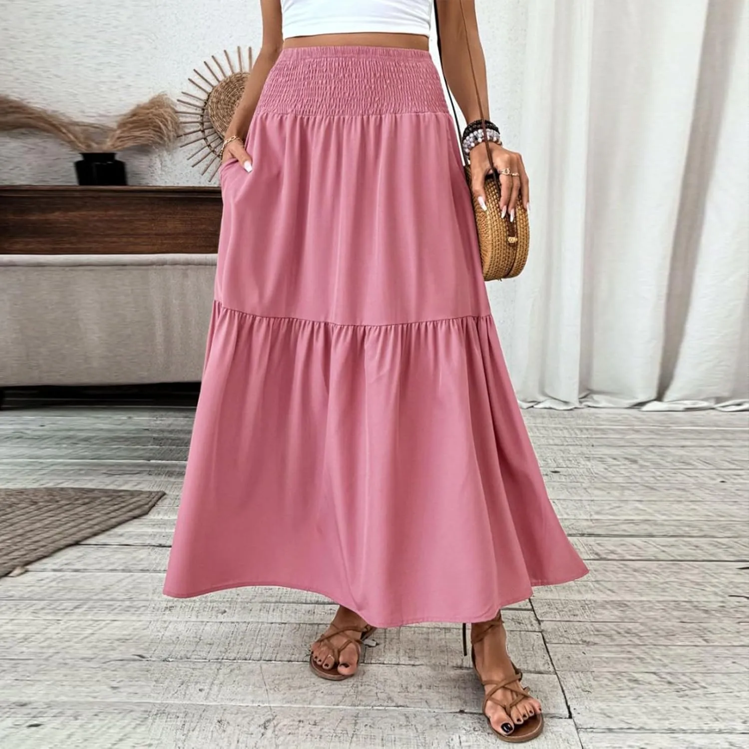 Maxi Skirts for Women with Pockets 2025 Summer Long High Elastic Waist Boho Flowy Ruffle A-Line Midi Length Floral Skirt