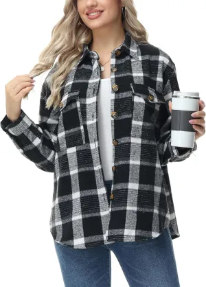MCEDAR Women's Oversizes Plaid Shacket Jacket Casual Lapel Long Sleeve Button Down Plus Size Flannel Shirt (S-4X)