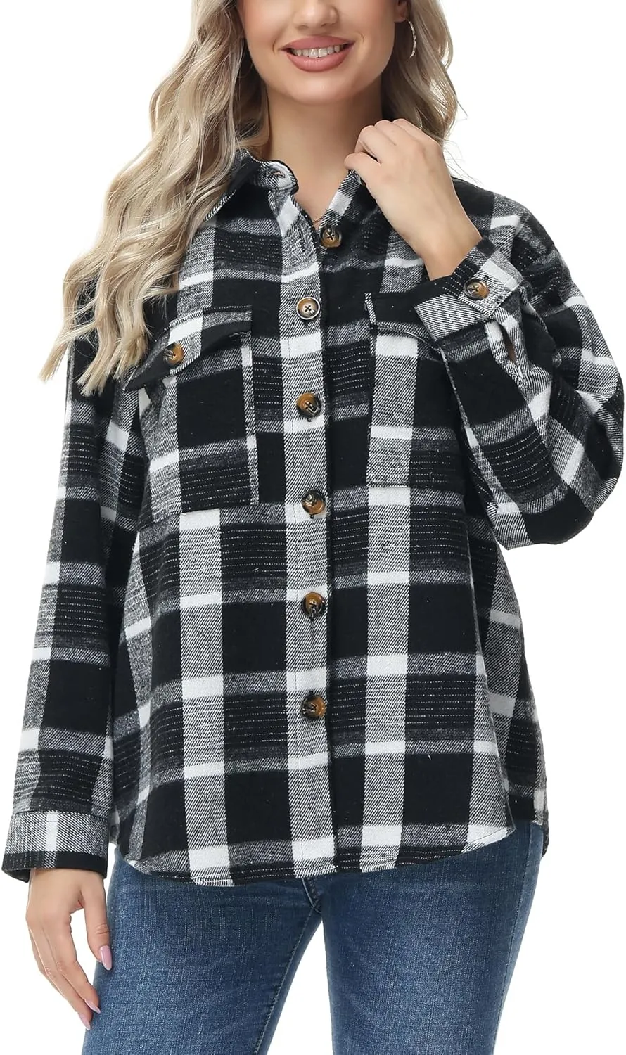 MCEDAR Women's Oversizes Plaid Shacket Jacket Casual Lapel Long Sleeve Button Down Plus Size Flannel Shirt (S-4X)