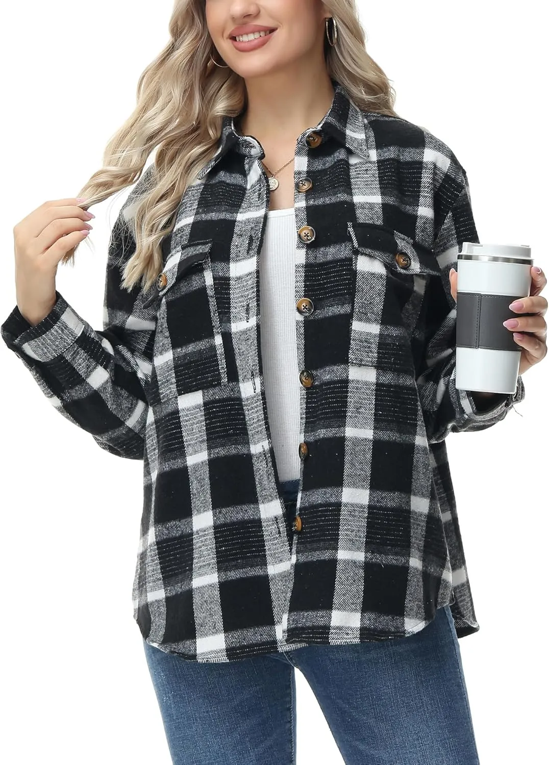 MCEDAR Women's Oversizes Plaid Shacket Jacket Casual Lapel Long Sleeve Button Down Plus Size Flannel Shirt (S-4X)