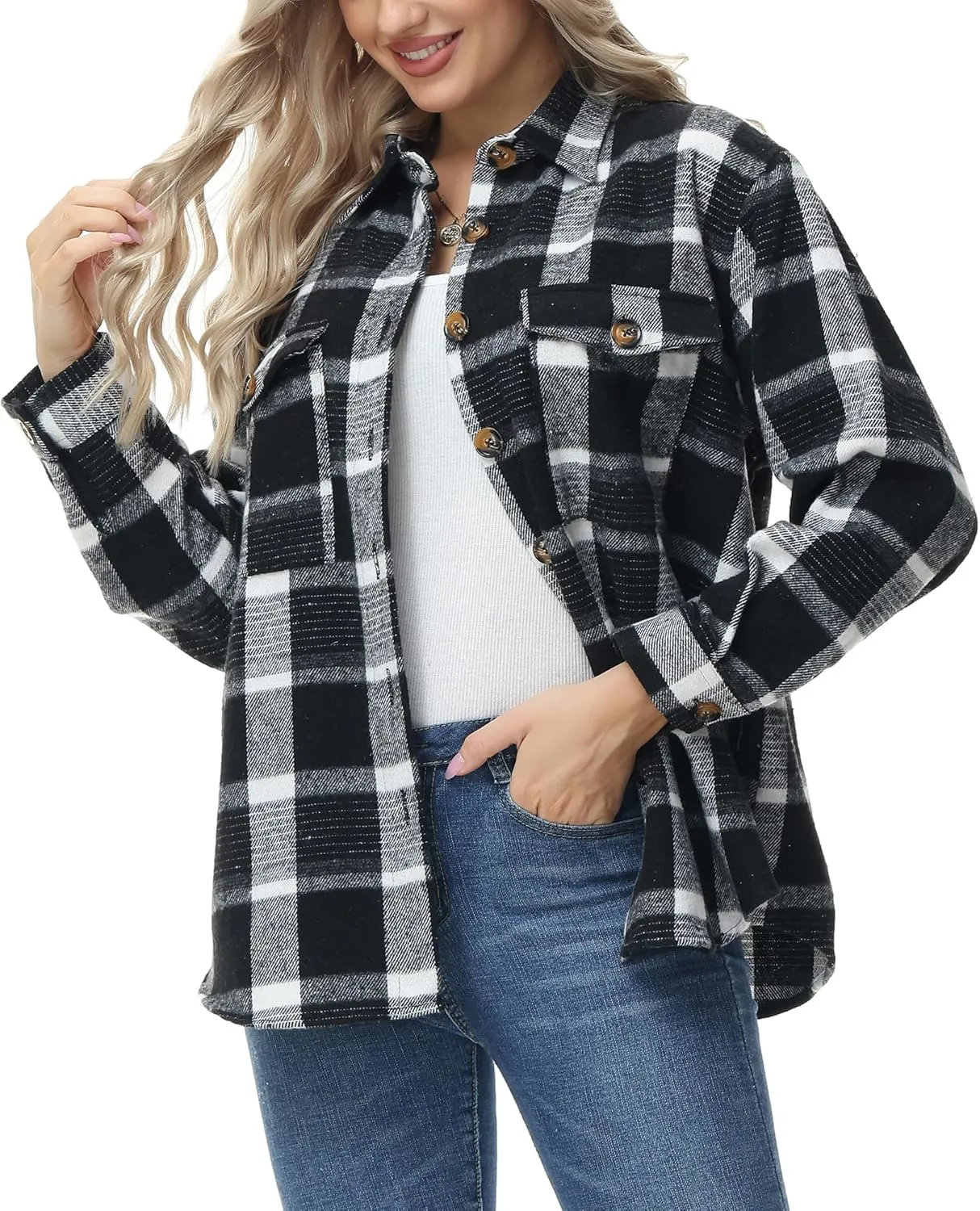 MCEDAR Women's Oversizes Plaid Shacket Jacket Casual Lapel Long Sleeve Button Down Plus Size Flannel Shirt (S-4X)