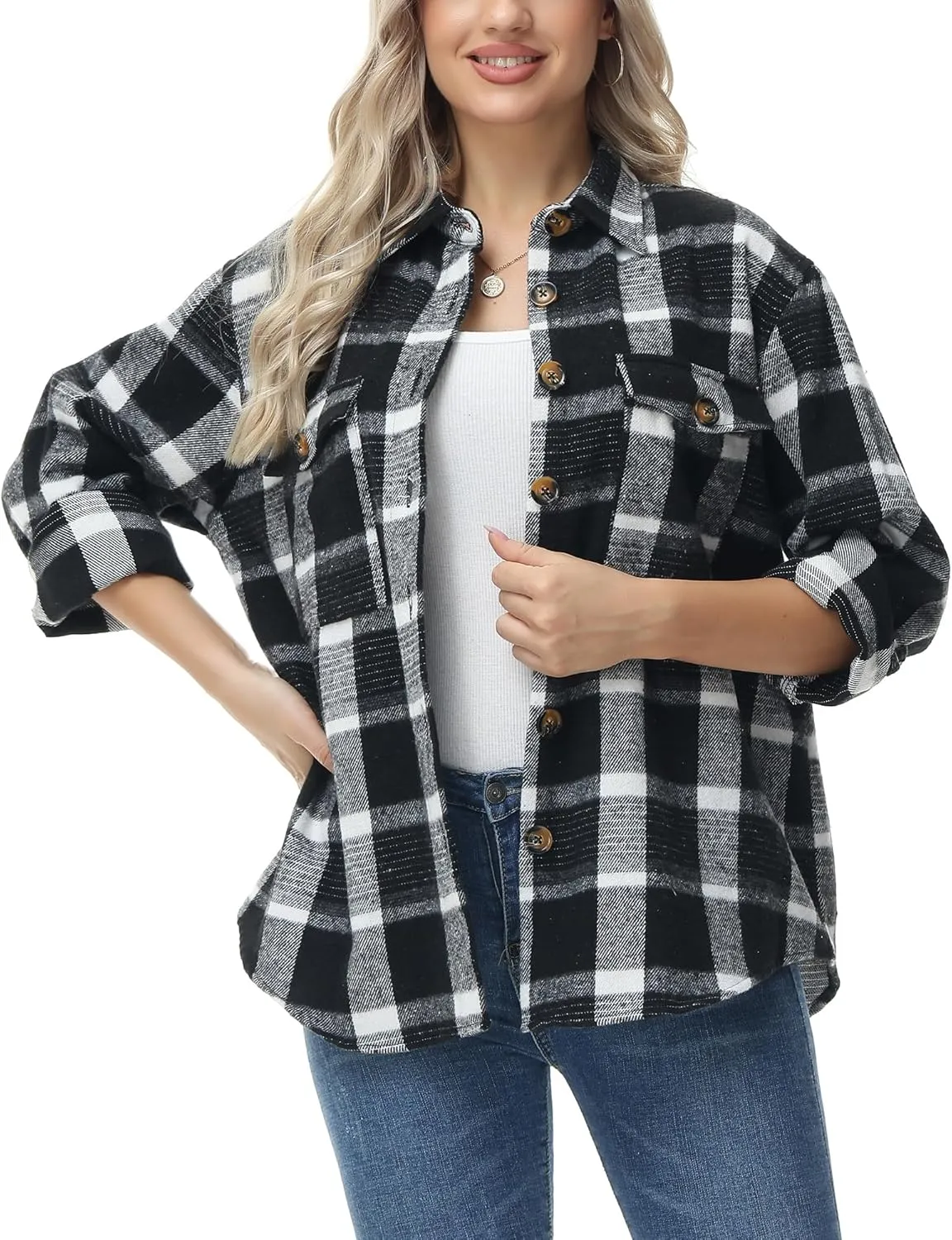 MCEDAR Women's Oversizes Plaid Shacket Jacket Casual Lapel Long Sleeve Button Down Plus Size Flannel Shirt (S-4X)