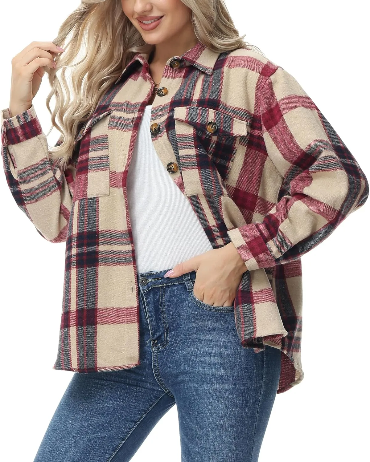 MCEDAR Women's Oversizes Plaid Shacket Jacket Casual Lapel Long Sleeve Button Down Plus Size Flannel Shirt (S-4X)