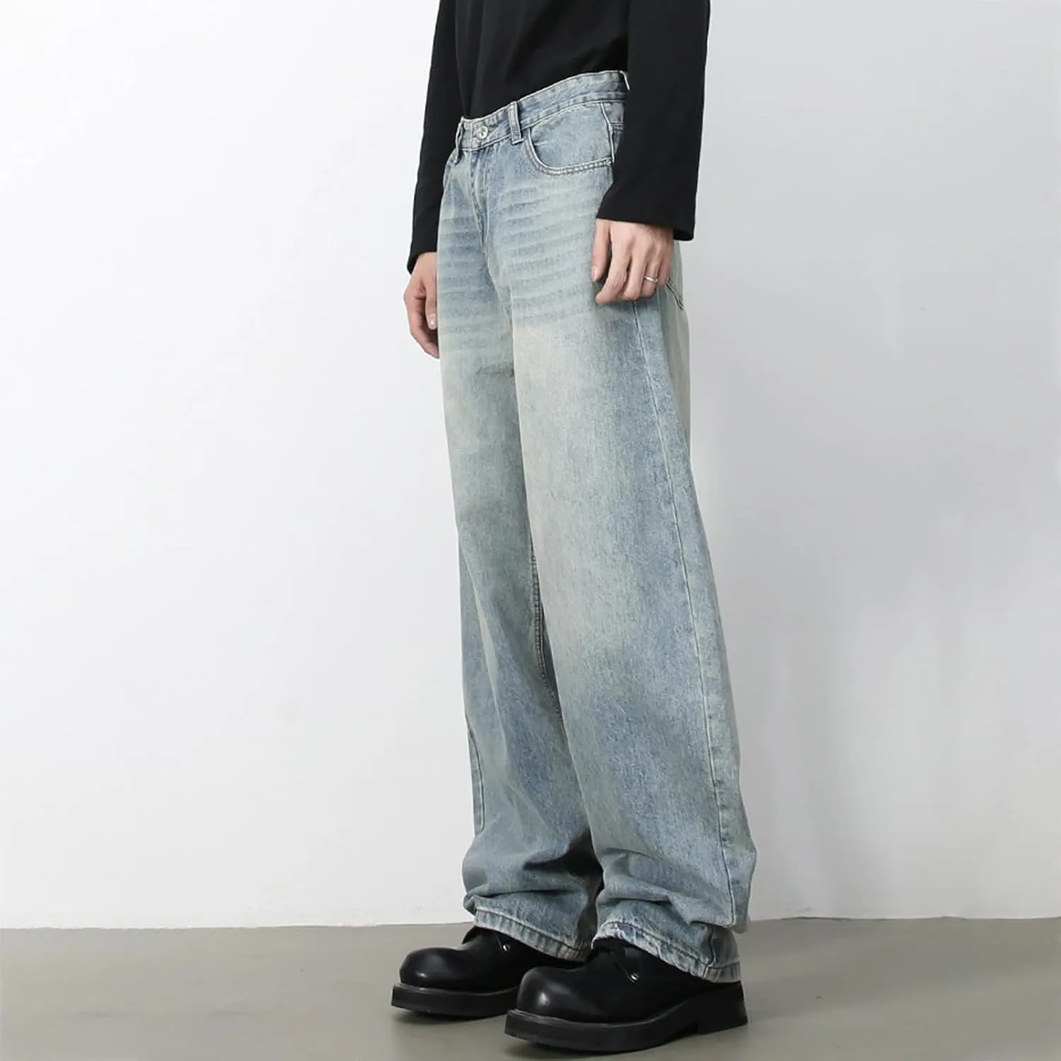 Men's Baggy Wide Leg Barrel Jeans Vintage Plain Washed Relaxed Fit Denim Pants Causal Trendy Cutlass Streetwear