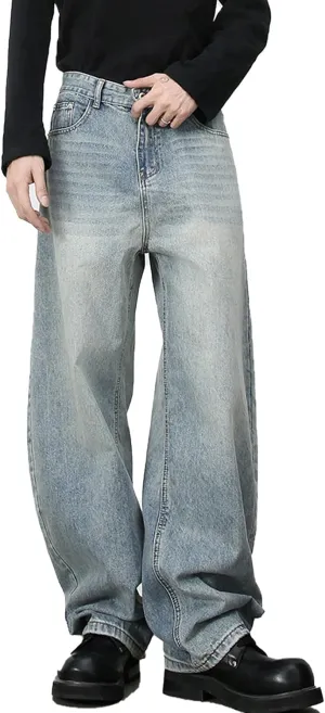 Men's Baggy Wide Leg Barrel Jeans Vintage Plain Washed Relaxed Fit Denim Pants Causal Trendy Cutlass Streetwear