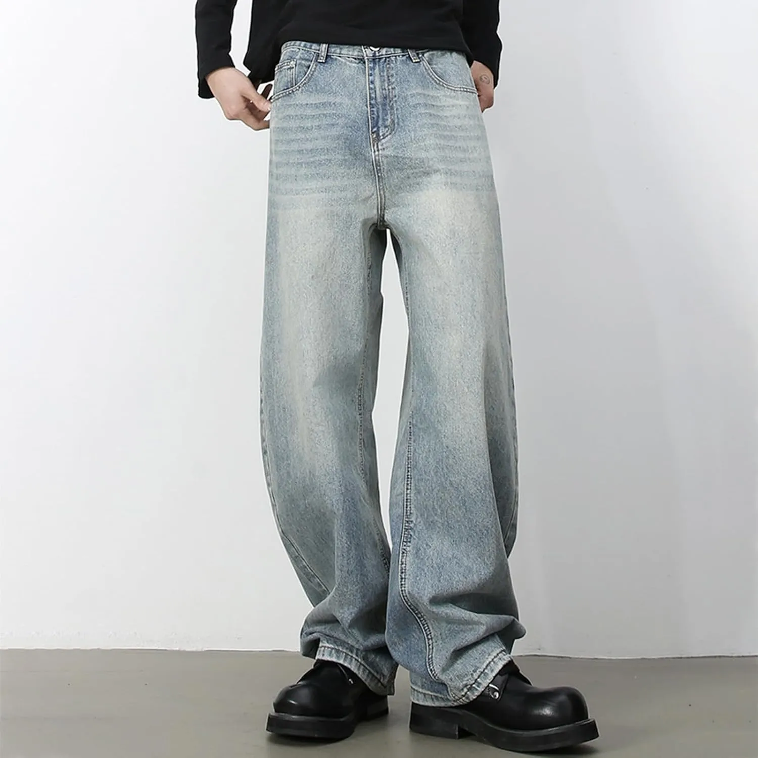 Men's Baggy Wide Leg Barrel Jeans Vintage Plain Washed Relaxed Fit Denim Pants Causal Trendy Cutlass Streetwear