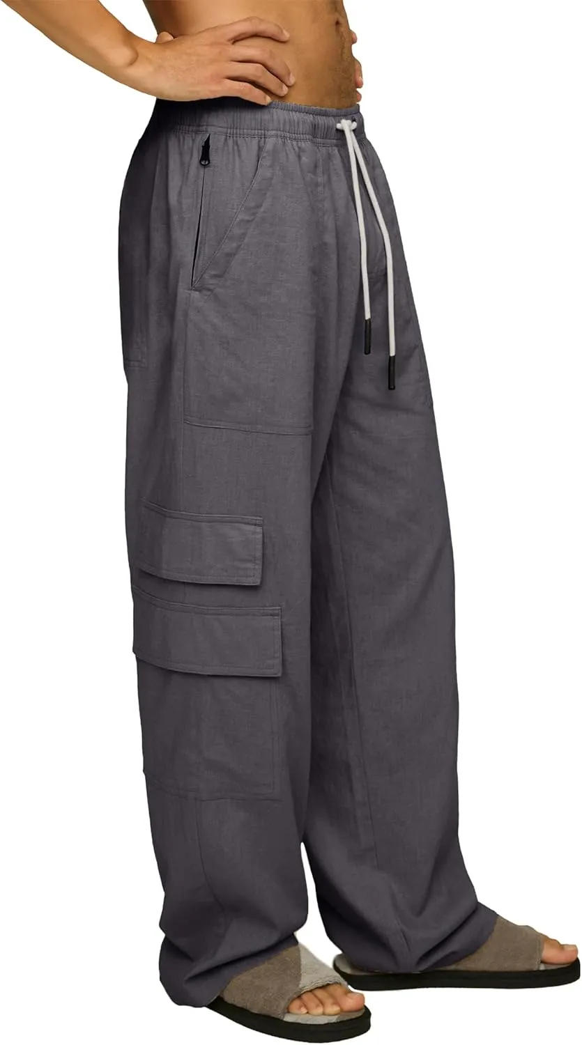 Mens Casual Linen Cargo Pants Elastic Waist Beach Pant Relaxed Fit Straight Leg Sweatpants Trousers with Pockets