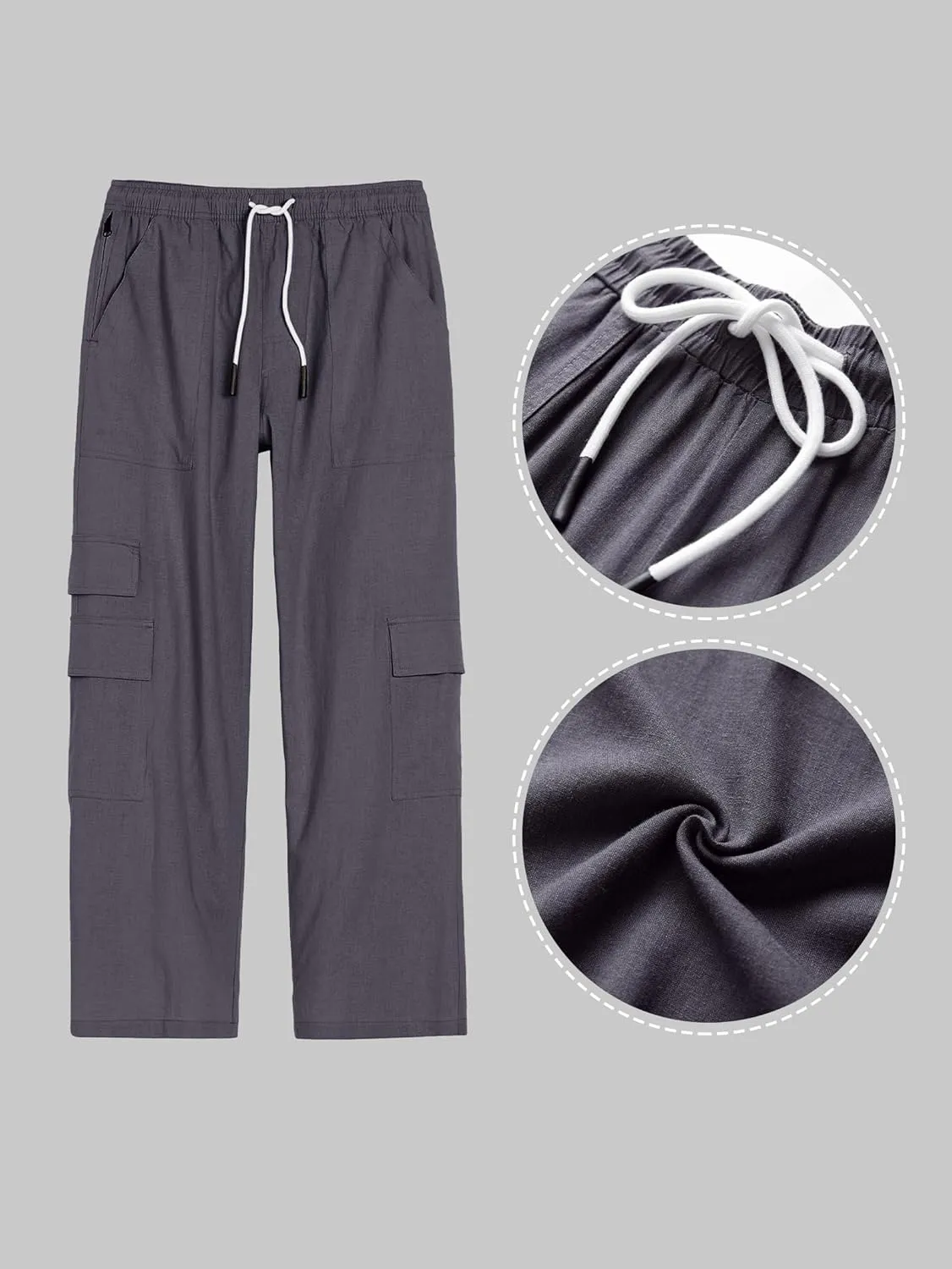 Mens Casual Linen Cargo Pants Elastic Waist Beach Pant Relaxed Fit Straight Leg Sweatpants Trousers with Pockets
