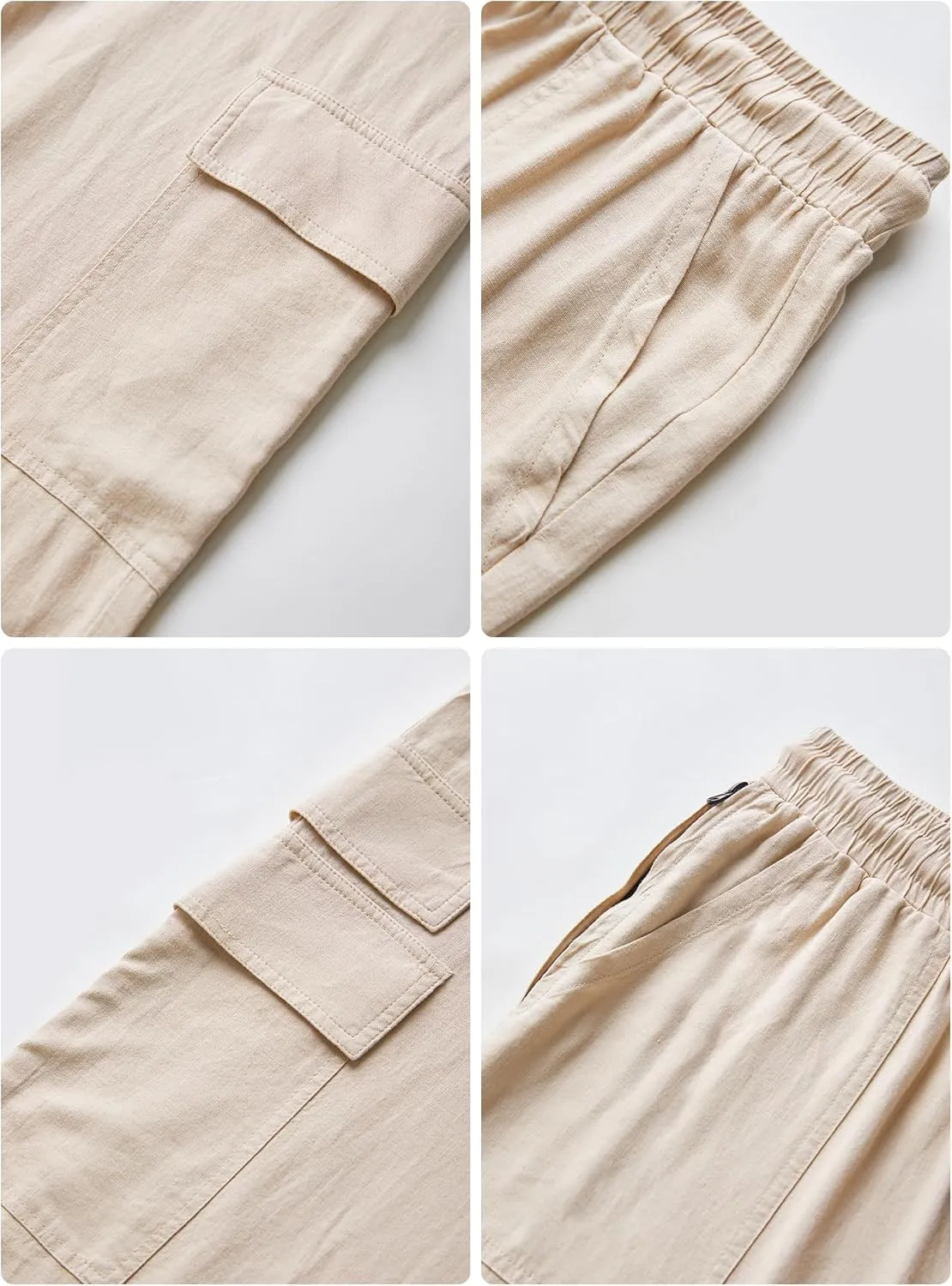 Mens Casual Linen Cargo Pants Elastic Waist Beach Pant Relaxed Fit Straight Leg Sweatpants Trousers with Pockets