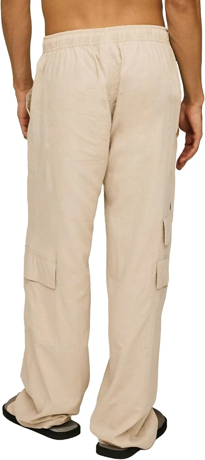 Mens Casual Linen Cargo Pants Elastic Waist Beach Pant Relaxed Fit Straight Leg Sweatpants Trousers with Pockets