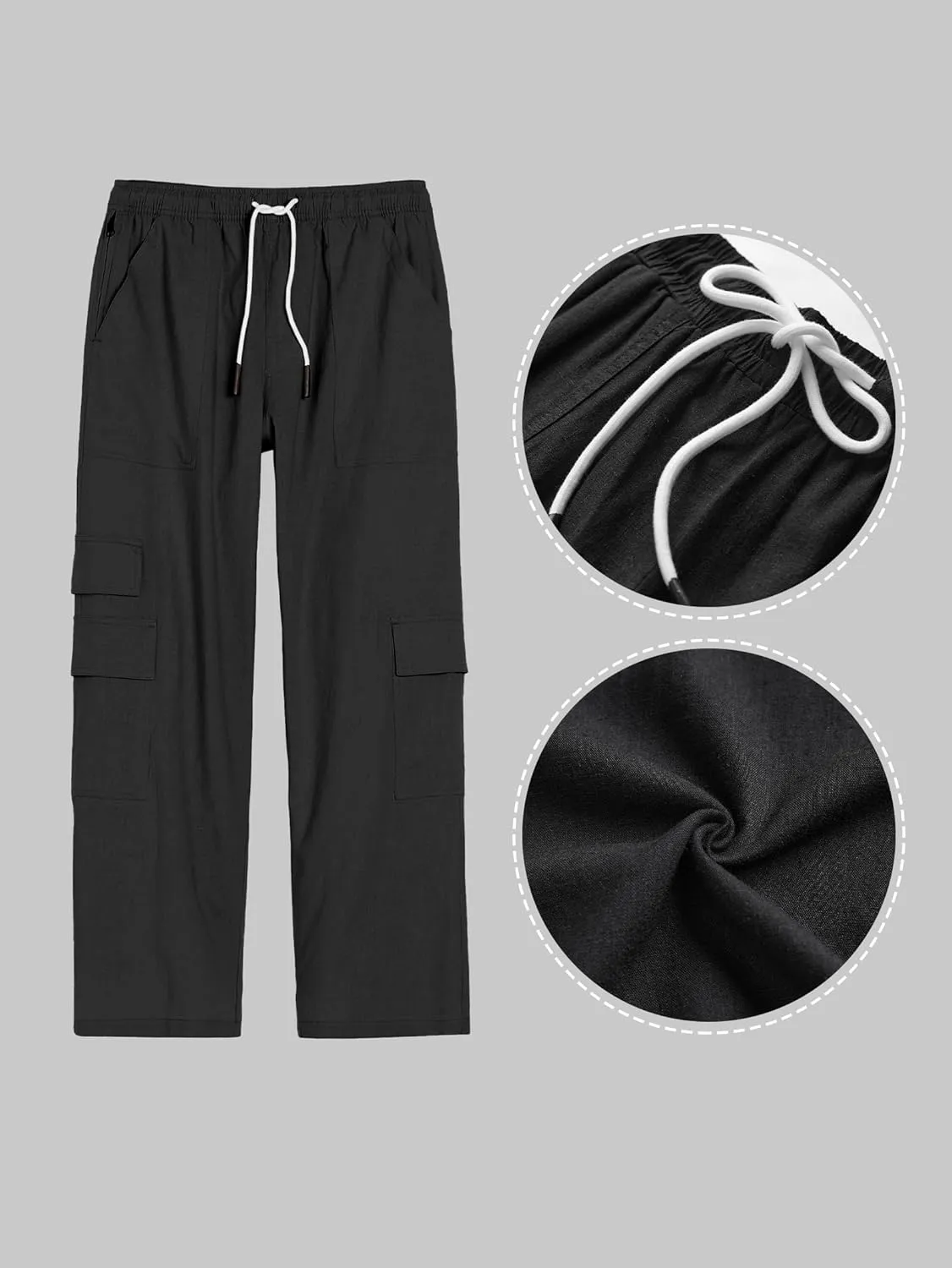 Mens Casual Linen Cargo Pants Elastic Waist Beach Pant Relaxed Fit Straight Leg Sweatpants Trousers with Pockets