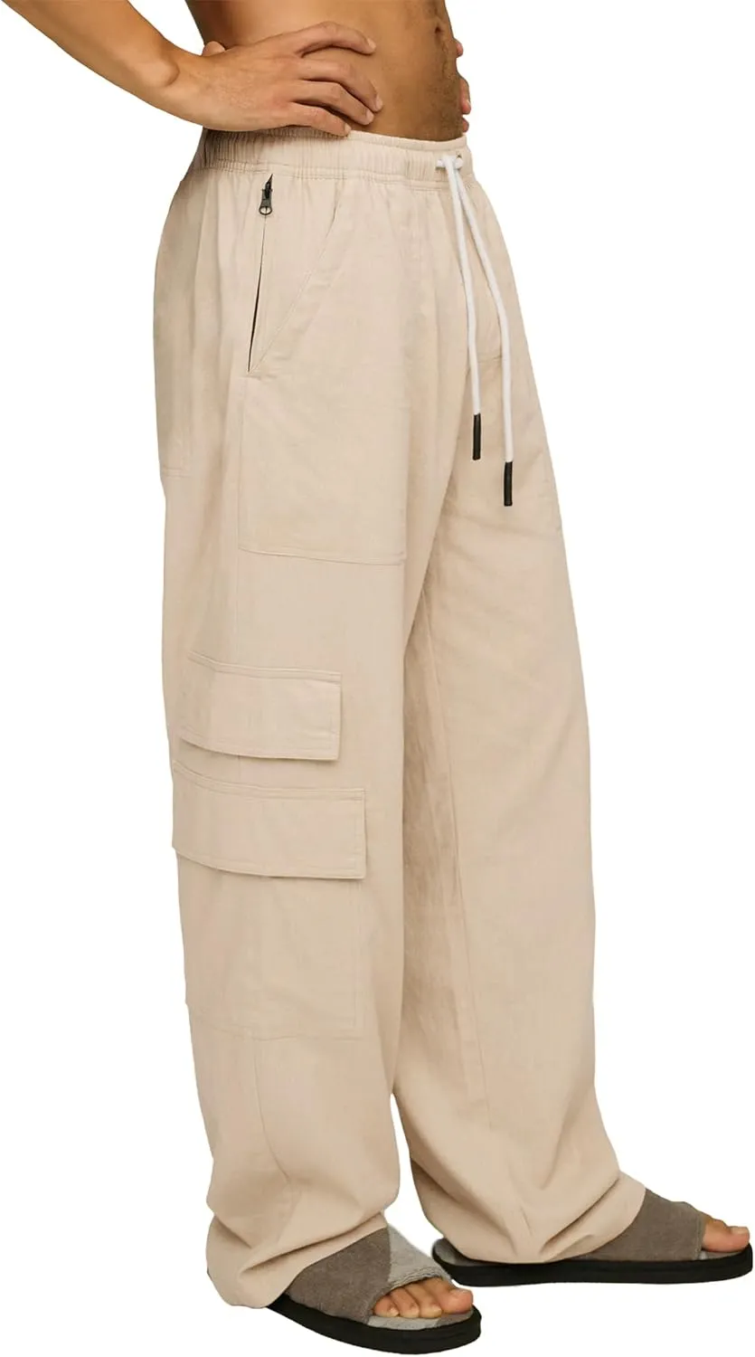 Mens Casual Linen Cargo Pants Elastic Waist Beach Pant Relaxed Fit Straight Leg Sweatpants Trousers with Pockets