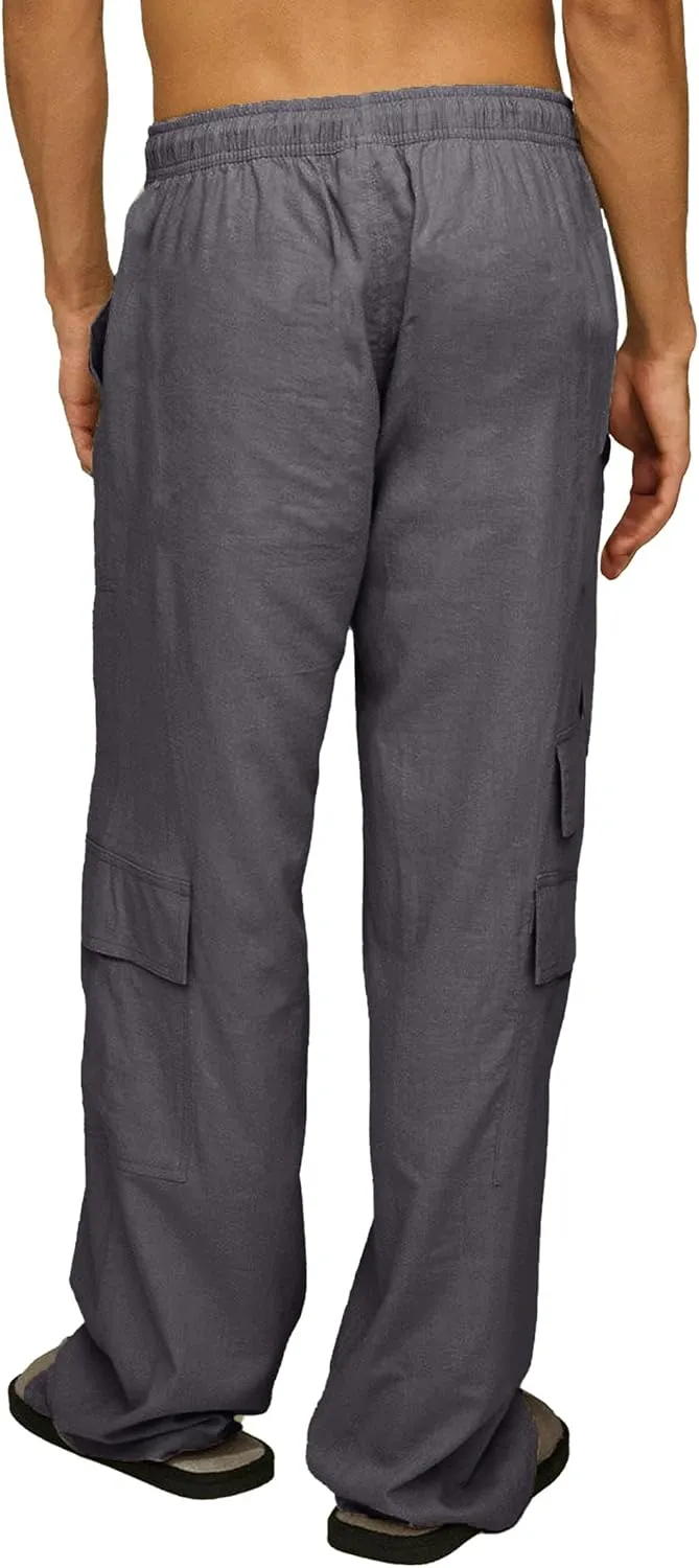 Mens Casual Linen Cargo Pants Elastic Waist Beach Pant Relaxed Fit Straight Leg Sweatpants Trousers with Pockets