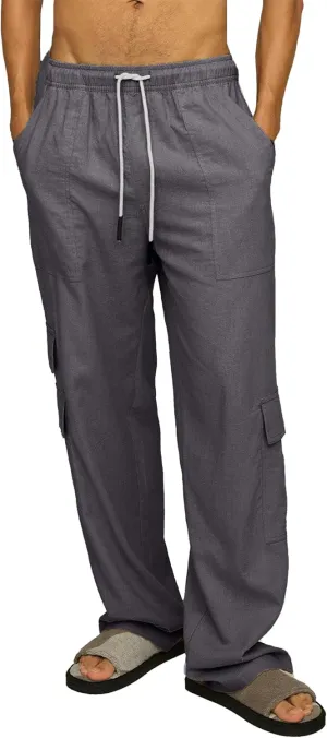 Mens Casual Linen Cargo Pants Elastic Waist Beach Pant Relaxed Fit Straight Leg Sweatpants Trousers with Pockets