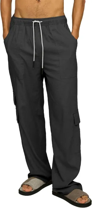 Mens Casual Linen Cargo Pants Elastic Waist Beach Pant Relaxed Fit Straight Leg Sweatpants Trousers with Pockets